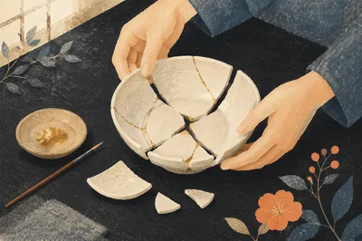 Hands Restoring Broken Pottery With Gold Kintsugi