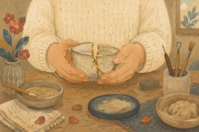 Hands Holding Kintsugi Repaired Broken Pottery