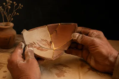 Hands Holding Kintsugi Pottery Fragment