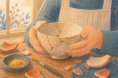 Hands Holding Repaired Kintsugi Pottery Bowl