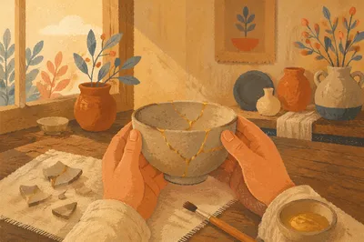 Hands Holding Kintsugi Repaired Pottery Bowl