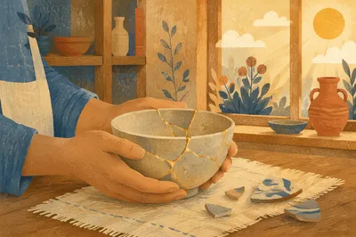 Hands Holding Kintsugi Repaired Ceramic Bowl