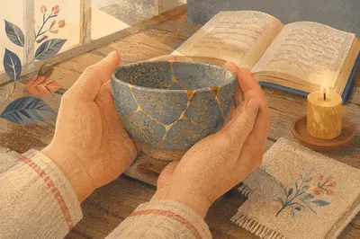 Hands Holding Kintsugi Bowl in Prayer Corner