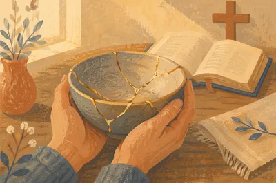 Hands Holding Kintsugi Bowl in Morning Devotion