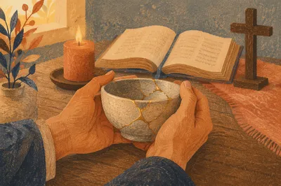 Hands Holding Kintsugi Bowl in Prayer Corner