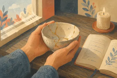 Hands Holding Kintsugi Bowl in Morning Light