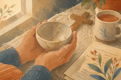 Hands Holding Kintsugi Bowl by Cross