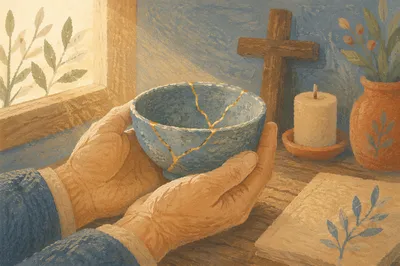Hands Holding Kintsugi Bowl in Prayer Corner