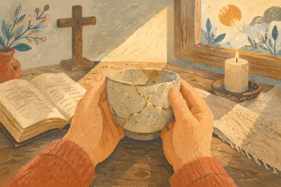 Hands Holding Kintsugi Bowl in Morning Prayer
