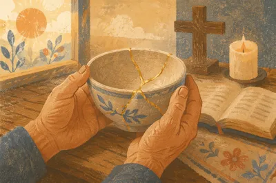 Hands Holding Kintsugi Bowl in Morning Prayer