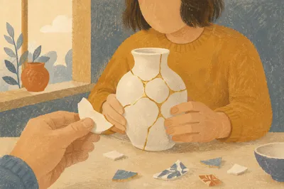 Hands Repairing Broken Pottery with Kintsugi