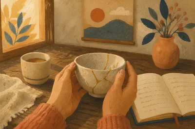 Hands Holding Kintsugi Bowl in Morning Light
