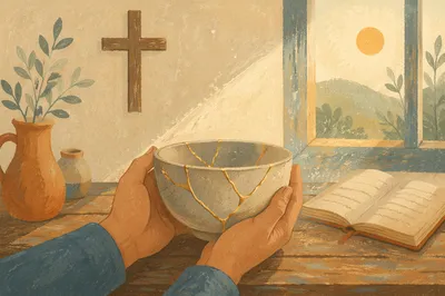 Hands Holding Kintsugi Bowl in Morning Grace