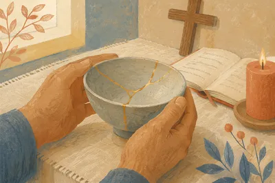 Hands Holding Kintsugi Bowl in Prayer Corner