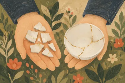 Hands Holding Kintsugi Pottery in Garden