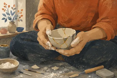 Hands Holding Kintsugi Bowl in Workshop