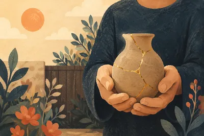 Hands Holding Kintsugi Pottery in Garden