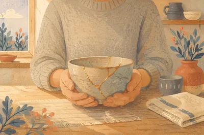 Hands Holding Kintsugi Bowl in Morning Light
