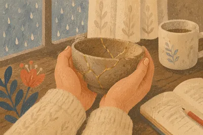 Hands Holding Kintsugi Bowl by Rainy Window