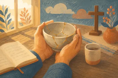 Hands Holding Kintsugi Bowl in Prayer Corner