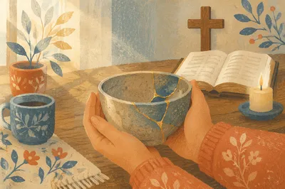 Hands Holding Kintsugi Bowl in Morning Prayer