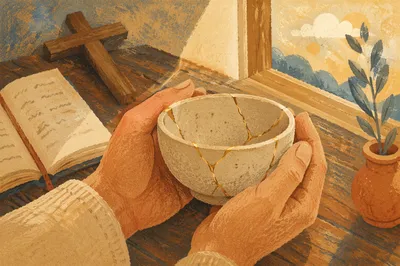 Hands Holding Kintsugi Bowl in Morning Prayer
