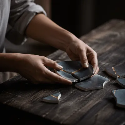 Hands Arranging Kintsugi Pottery Shards
