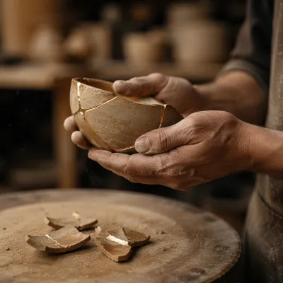 Hands Holding Kintsugi Repaired Ceramic Bowl