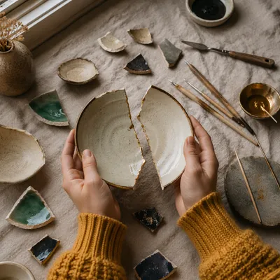 Hands Holding Broken Kintsugi Pottery Fragments