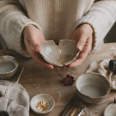 Hands Holding Repaired Kintsugi Pottery