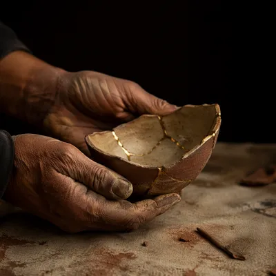 Hands Holding Kintsugi Pottery Fragment