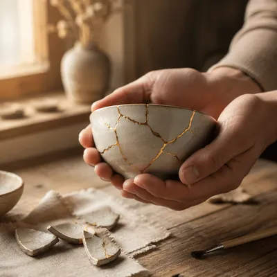Hands Holding Kintsugi Repaired Ceramic Bowl