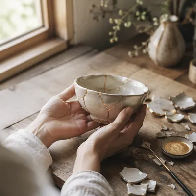 Hands Holding Kintsugi Repaired Ceramic Bowl
