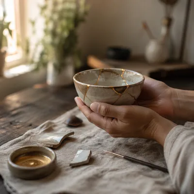 Hands Holding Repaired Kintsugi Ceramic Bowl