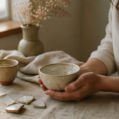 Hands Holding Kintsugi Repaired Pottery