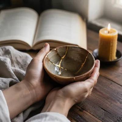Hands Holding Kintsugi Bowl in Prayer Corner