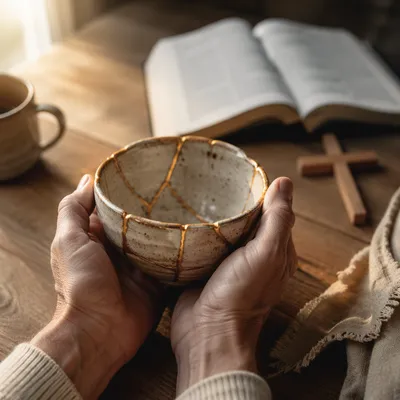 Hands Holding Kintsugi Bowl in Morning Devotion