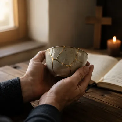 Hands Holding Kintsugi Bowl in Prayerful Reflection