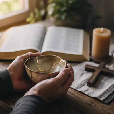 Hands Holding Kintsugi Bowl in Prayer Corner