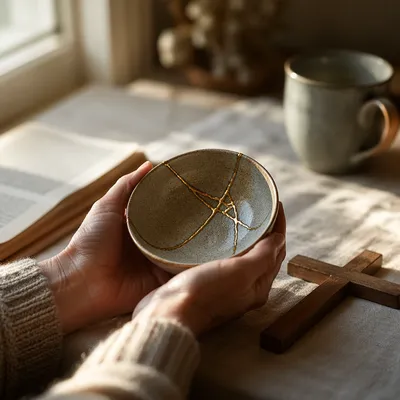 Hands Holding Kintsugi Bowl in Morning Light