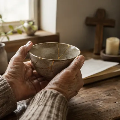 Hands Holding Kintsugi Bowl in Morning Prayer