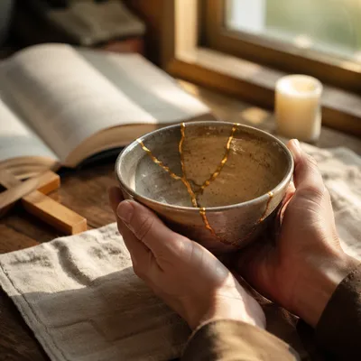 Hands Holding Kintsugi Bowl in Morning Prayer