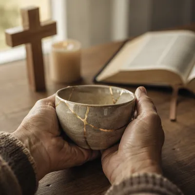 Hands Holding Kintsugi Bowl in Morning Prayer