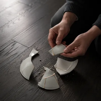 Hands Holding Broken Pottery for Kintsugi