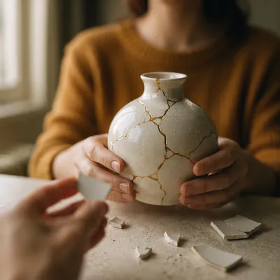 Hands Repairing Broken Pottery with Kintsugi
