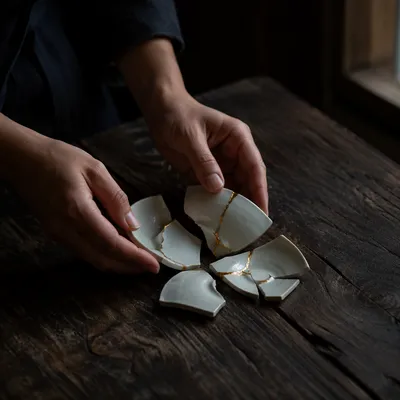 Hands Holding Broken Pottery with Kintsugi