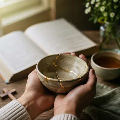 Hands Holding Kintsugi Bowl in Morning Prayer