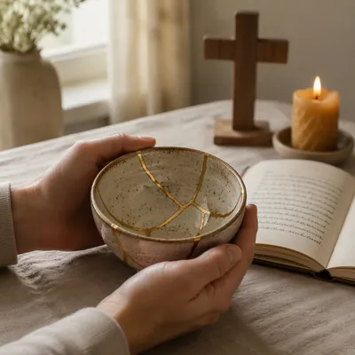 Hands Holding Kintsugi Bowl in Prayer Corner