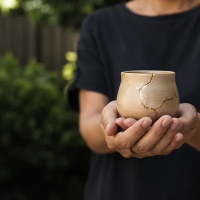 Hands Holding Repaired Kintsugi Clay Vessel