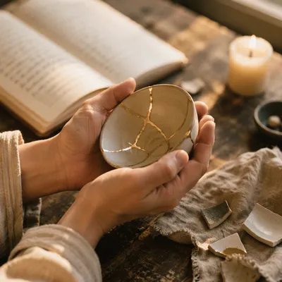Hands Holding Kintsugi Bowl in Warm Light